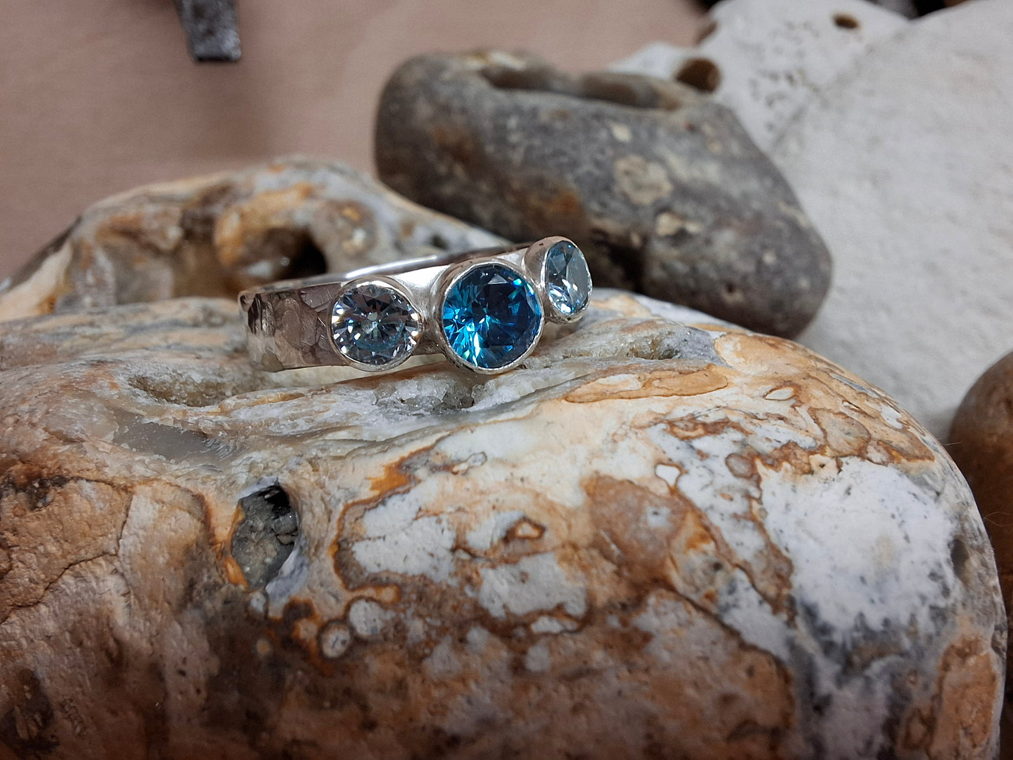 Aquamarine cubic zirconia and sterling silver hammered ring