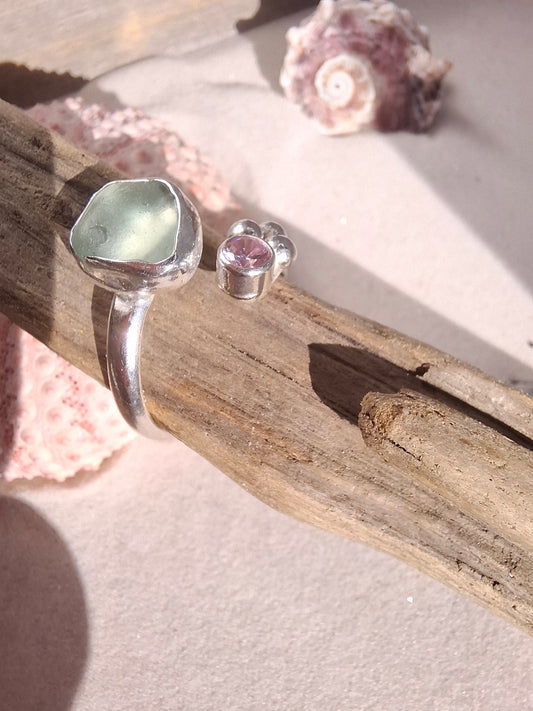 Adjustable seafoam blue seaglass and light pink cubic zirconia ring