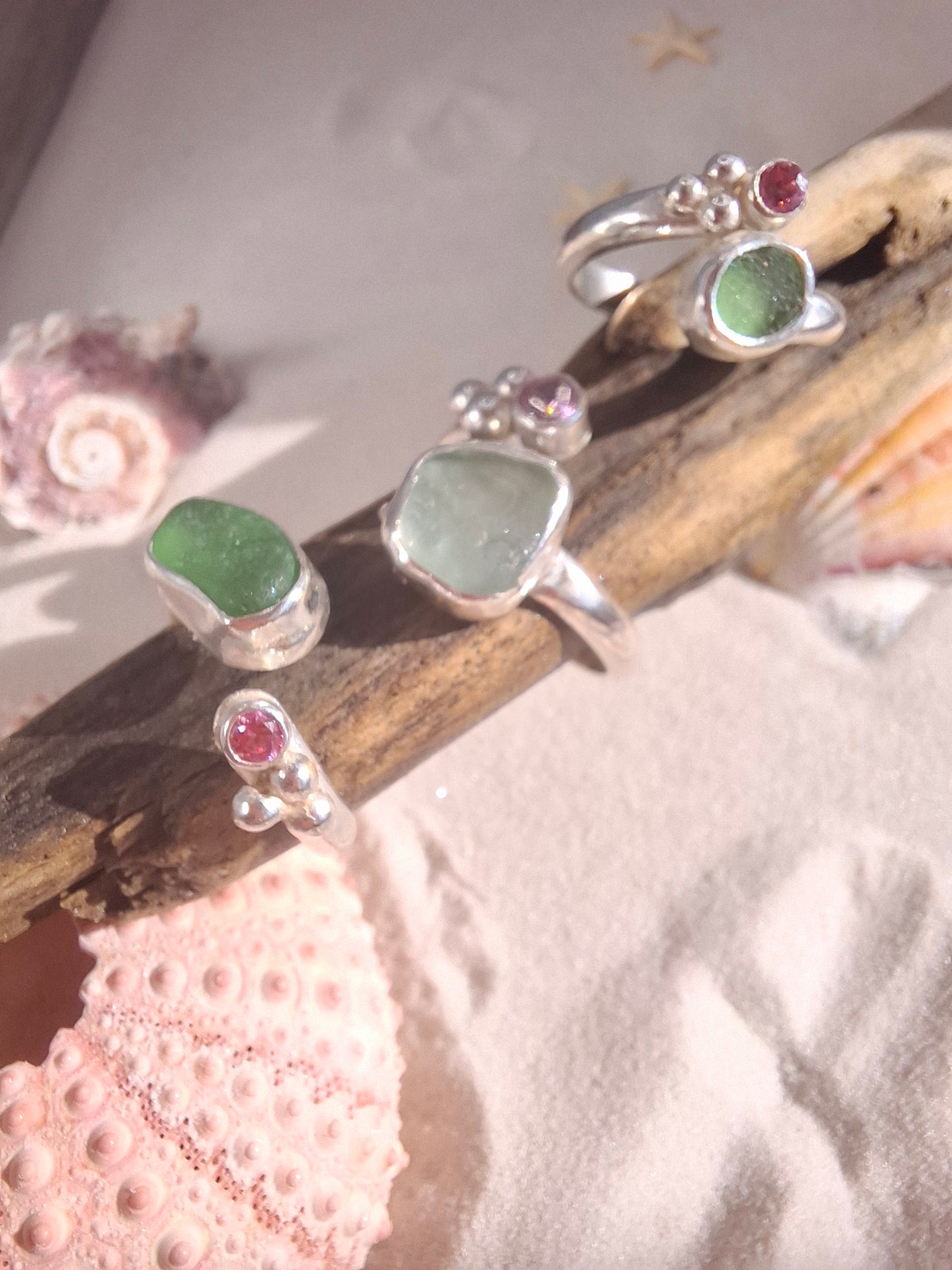 Adjustable seafoam blue seaglass and light pink cubic zirconia ring