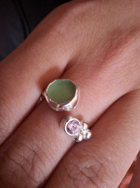 Adjustable seafoam blue seaglass and light pink cubic zirconia ring