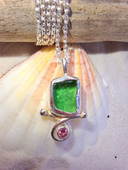 Green Seaglass and Pink Cubic Zirconia Pendant | Ocean-Inspired Handmade Jewellery