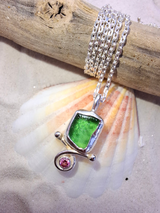 Green Seaglass and Pink Cubic Zirconia Pendant | Ocean-Inspired Handmade Jewellery