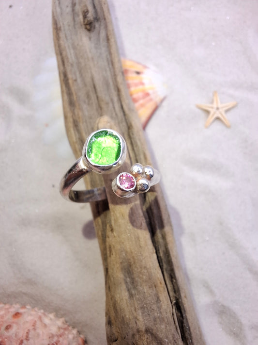 Adjustable bottle green seaglass and rose pink cubic zirconia silver ring