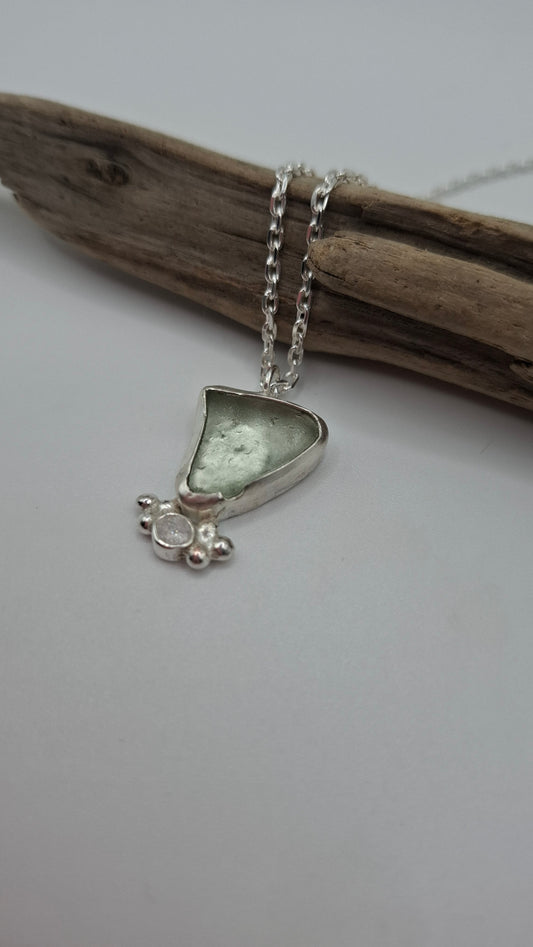 Pale green seaglass & cubic zirconia pendant