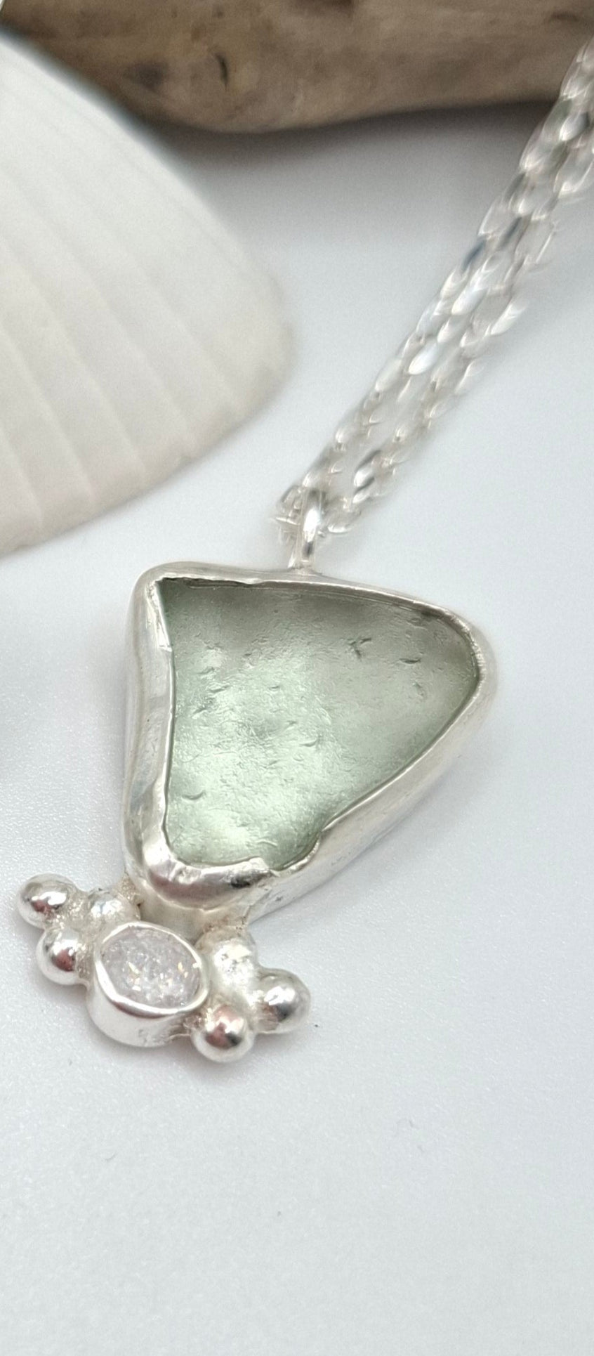 Pale green seaglass & cubic zirconia pendant