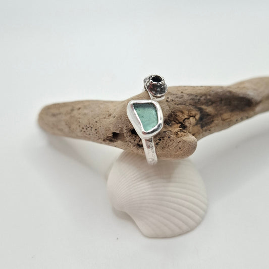 Hammered Sterling Silver Adjustable Aqua Welsh Seaglass & Barnacle Ring