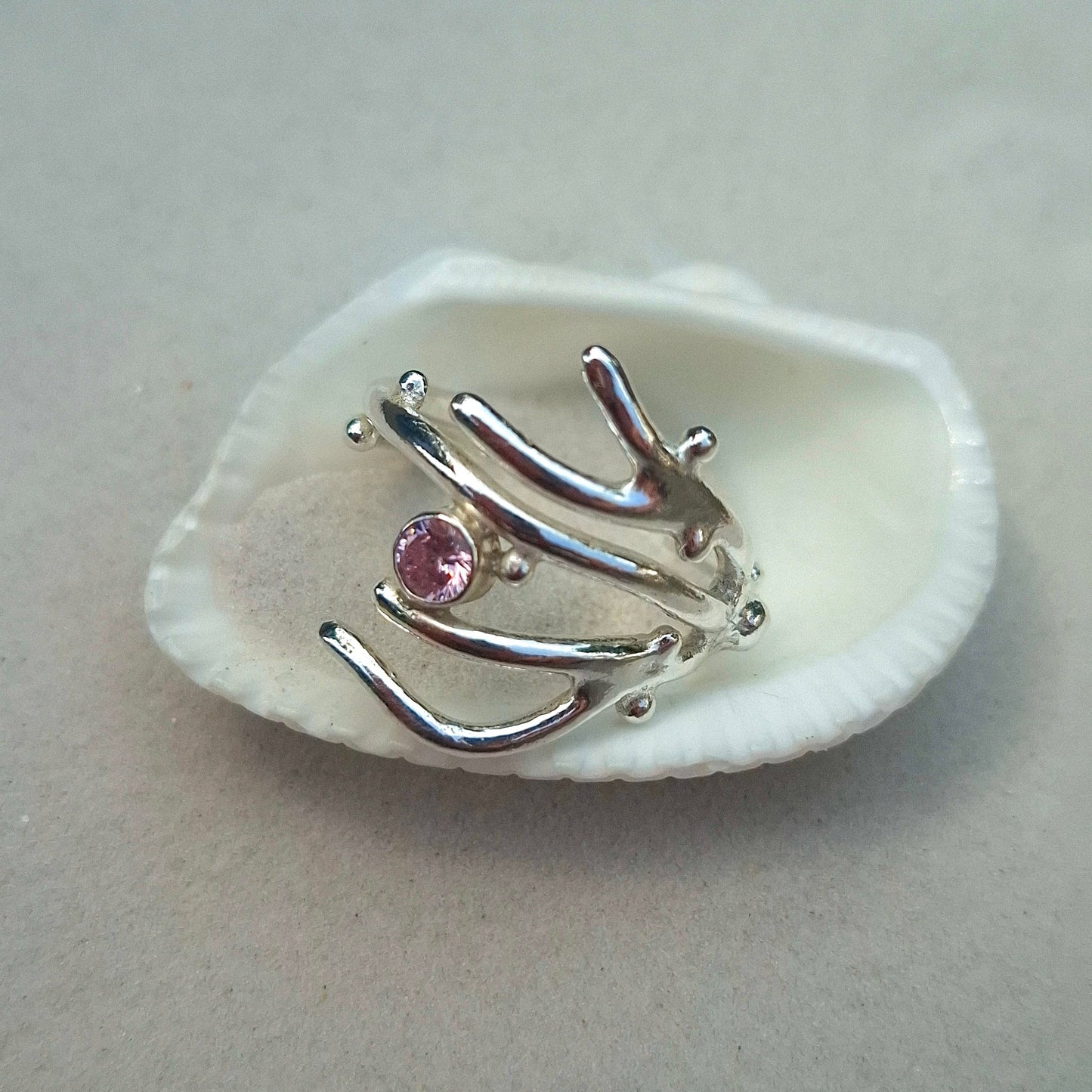 Adjustable seaweed inspired silver ring with cubic zirconia | Ocean-Inspired Handmade Jewellery