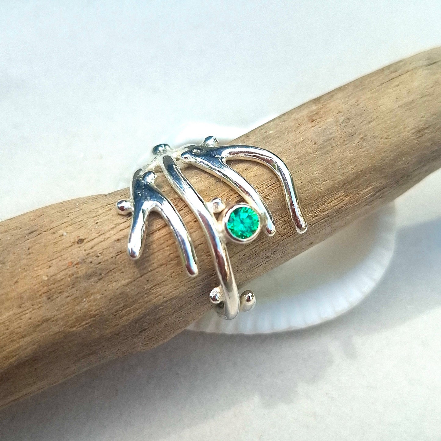 Adjustable seaweed inspired silver ring with cubic zirconia | Ocean-Inspired Handmade Jewellery