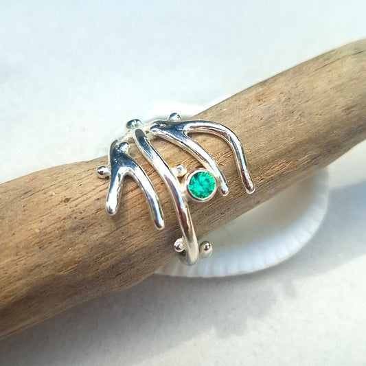 Adjustable seaweed inspired silver ring with cubic zirconia | Ocean-Inspired Handmade Jewellery