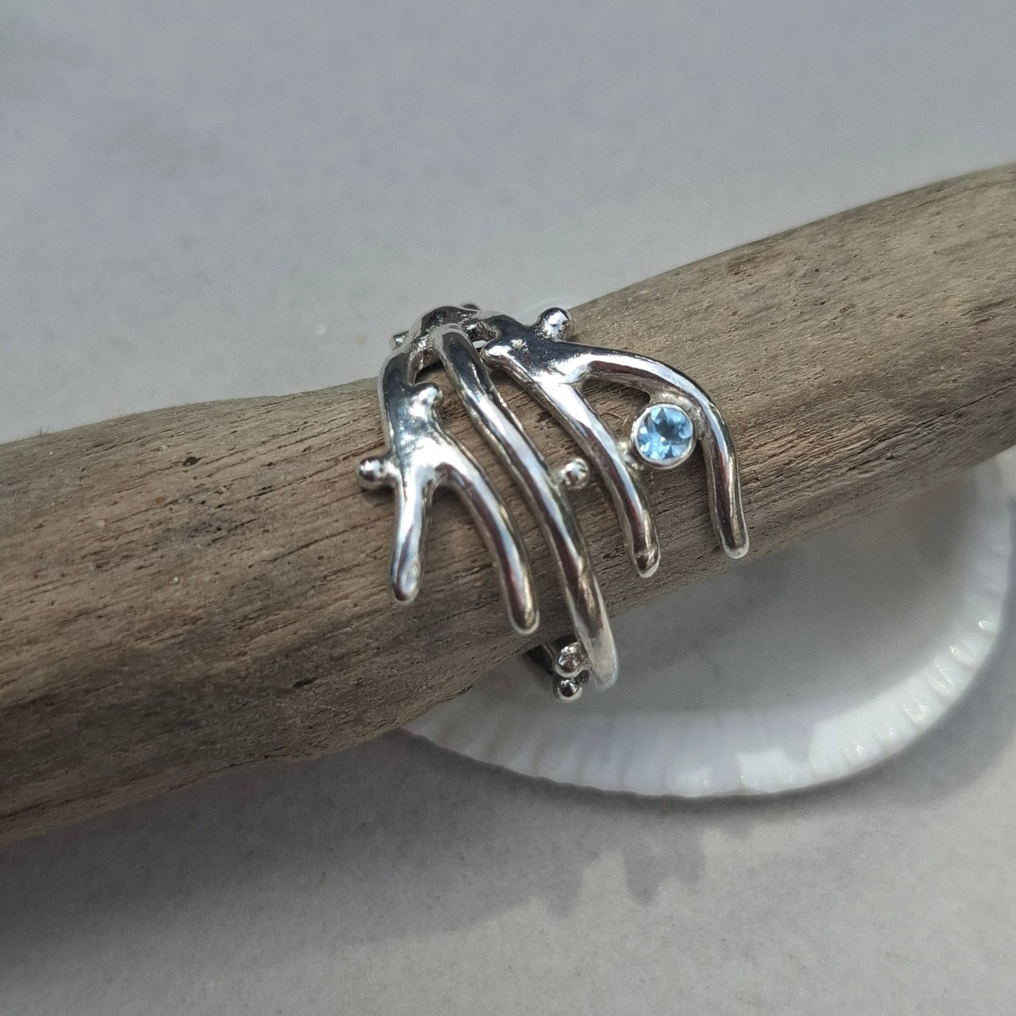 Adjustable seaweed inspired silver ring with cubic zirconia | Ocean-Inspired Handmade Jewellery