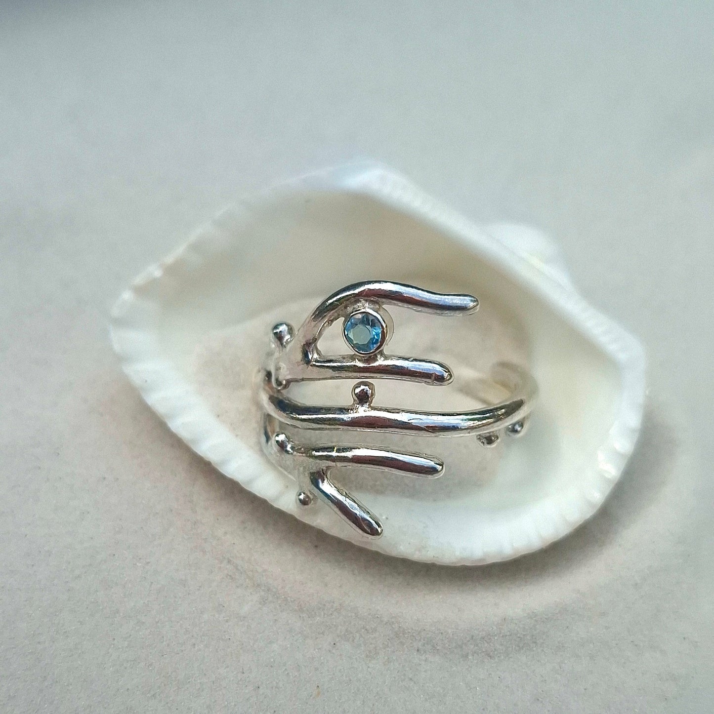 Adjustable seaweed inspired silver ring with cubic zirconia | Ocean-Inspired Handmade Jewellery