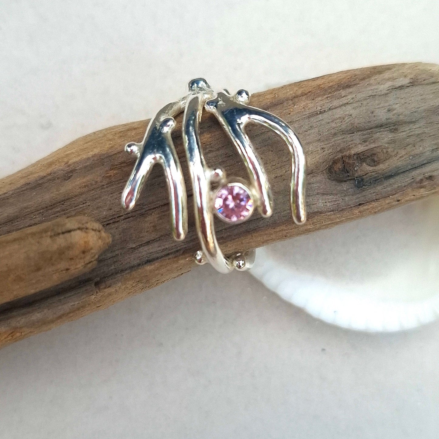 Adjustable seaweed inspired silver ring with cubic zirconia | Ocean-Inspired Handmade Jewellery