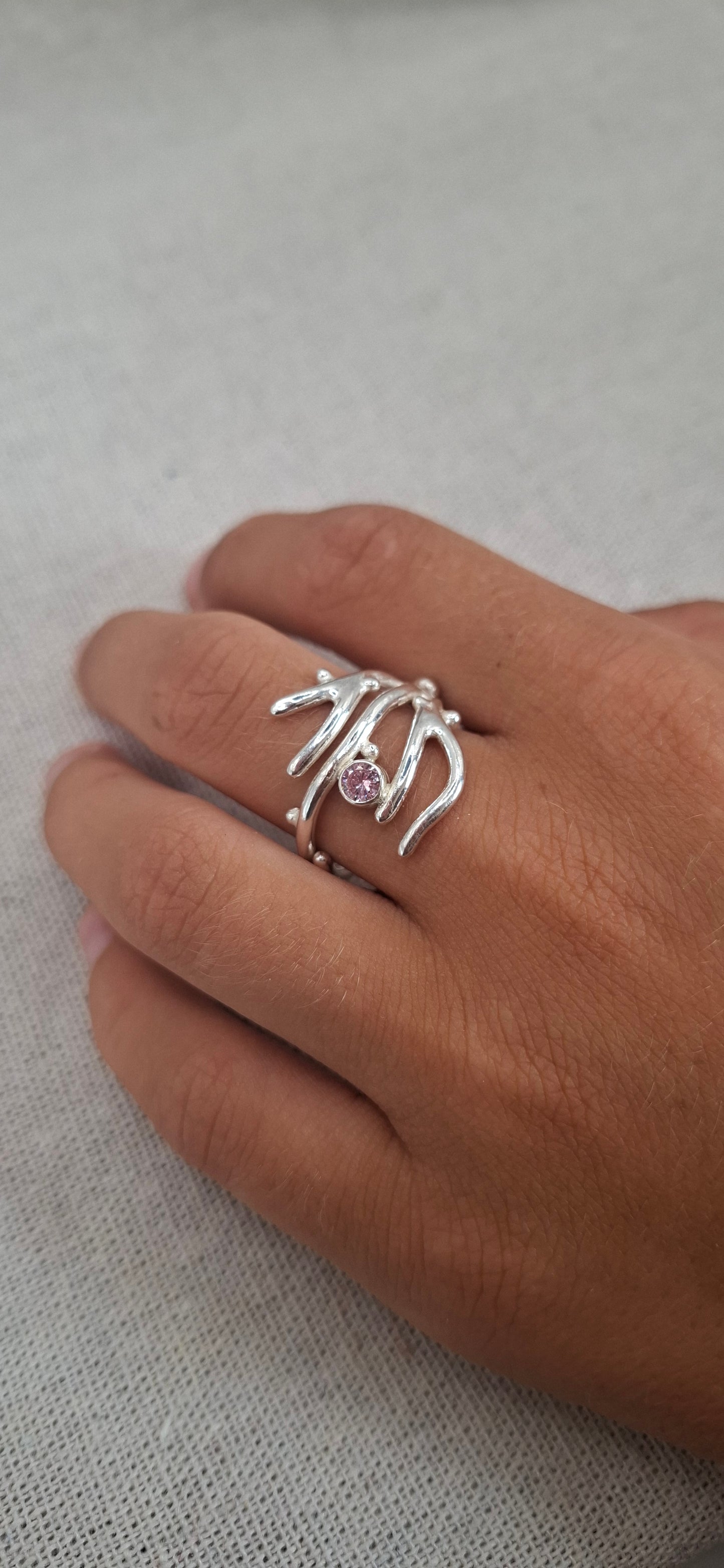 Adjustable seaweed inspired silver ring with cubic zirconia | Ocean-Inspired Handmade Jewellery