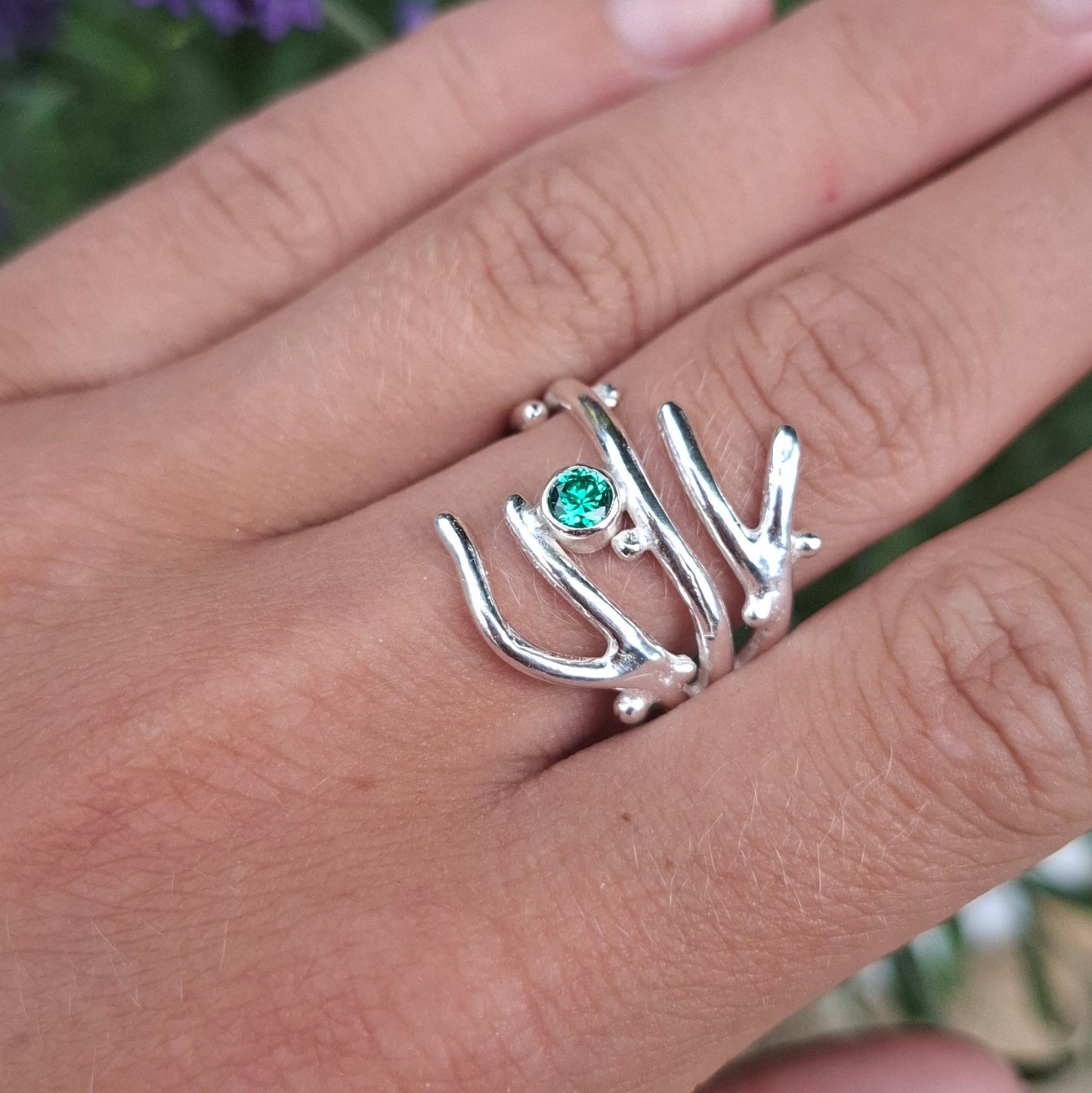 Adjustable seaweed inspired silver ring with cubic zirconia | Ocean-Inspired Handmade Jewellery