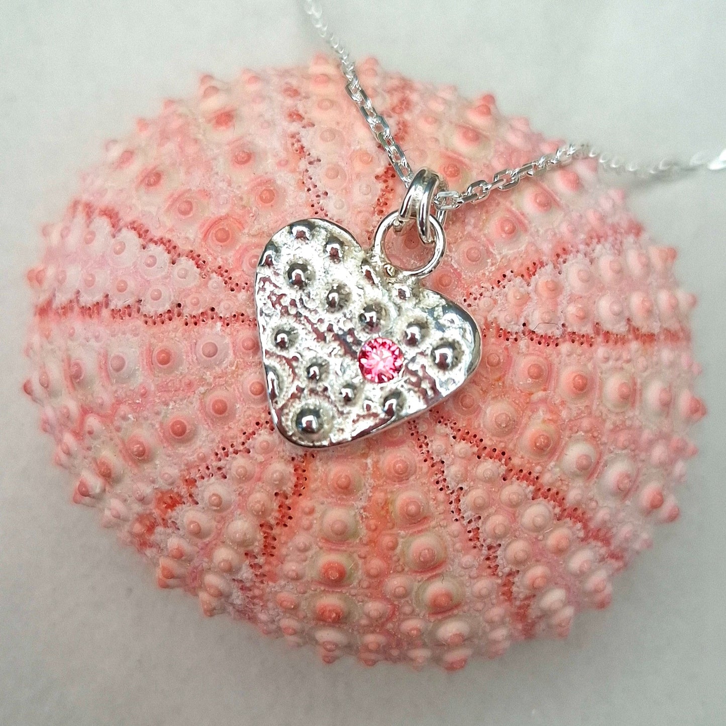 Cast Silver Sea Urchin Heart Pendant with Birthstone | Ocean-Inspired Handmade Jewellery