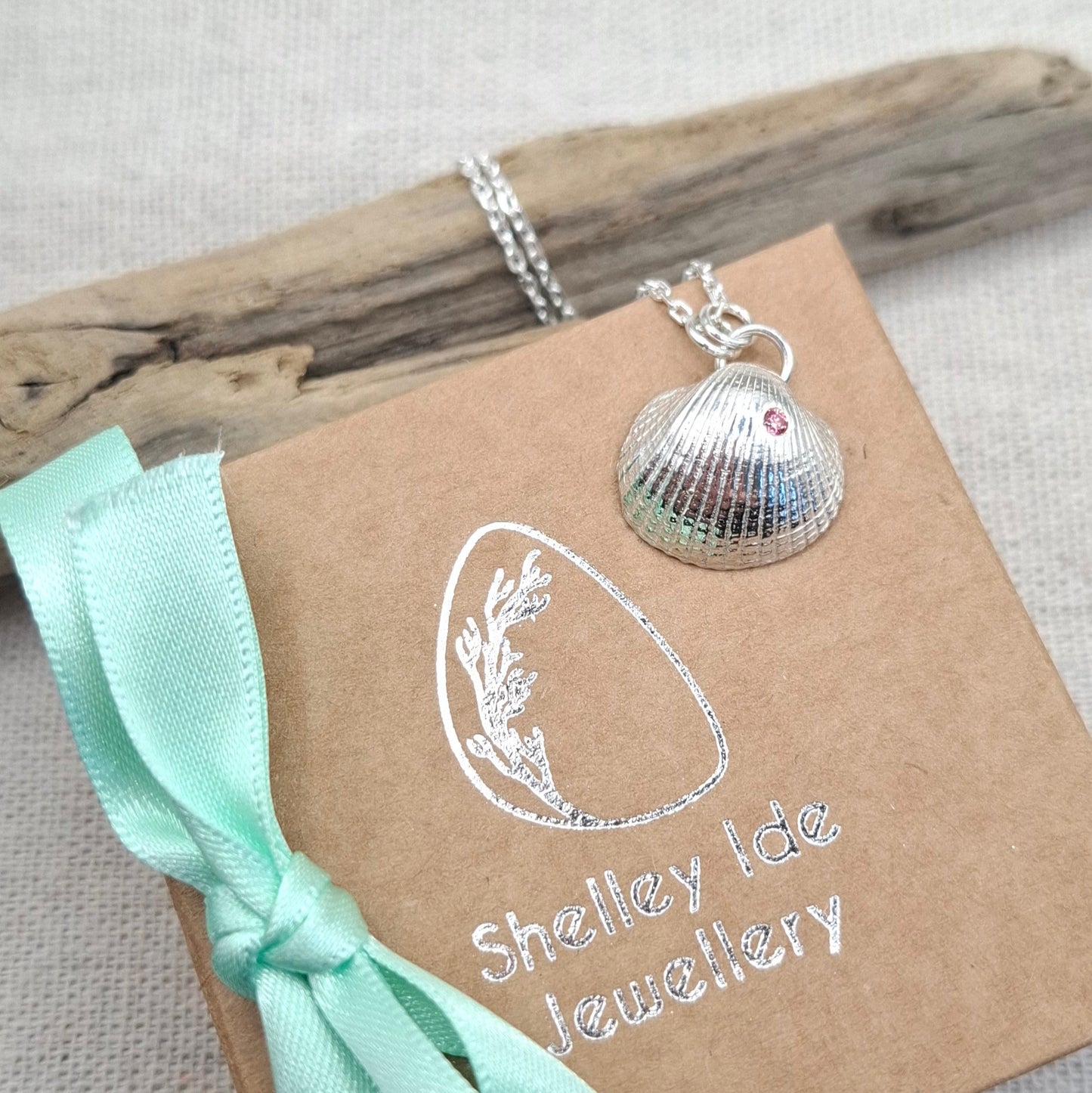 Silver cockle shell with rose pink cubic zirconia | Ocean-Inspired Handmade Jewellery