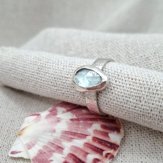 Hammered textured silver ring featuring a rose cut teardrop aquamarine UK Ring Size ** | Ocean-Inspired Handmade Jewellery (Copy) (Copy)