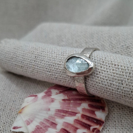 Hammered textured silver ring featuring a rose cut teardrop aquamarine UK Ring Size ** | Ocean-Inspired Handmade Jewellery (Copy) (Copy)