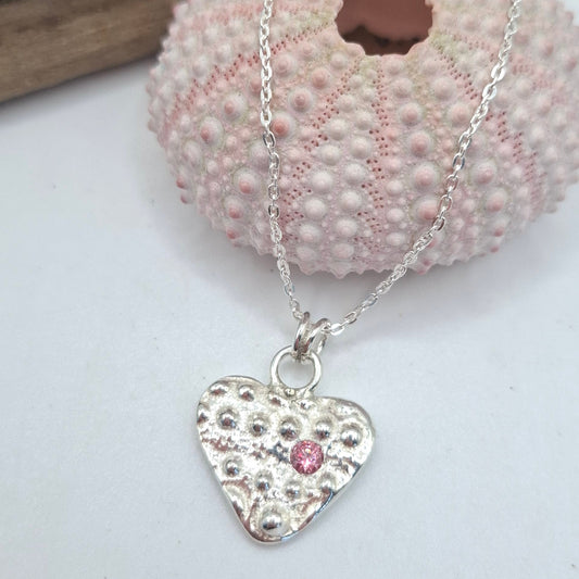 Cast Silver Sea Urchin Heart Pendant with Birthstone | Ocean-Inspired Handmade Jewellery