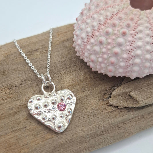 Cast Silver Sea Urchin Heart Pendant with Birthstone | Ocean-Inspired Handmade Jewellery