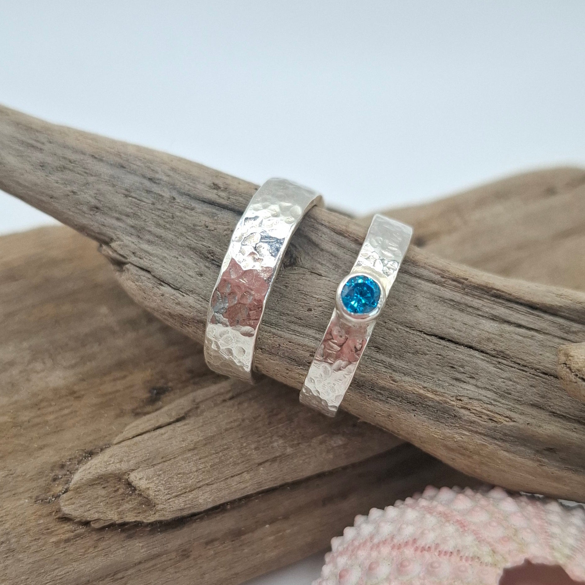 Hammered textured sterling silver ring with aqua cubic zirconia | Ocean-Inspired Handmade Jewellery