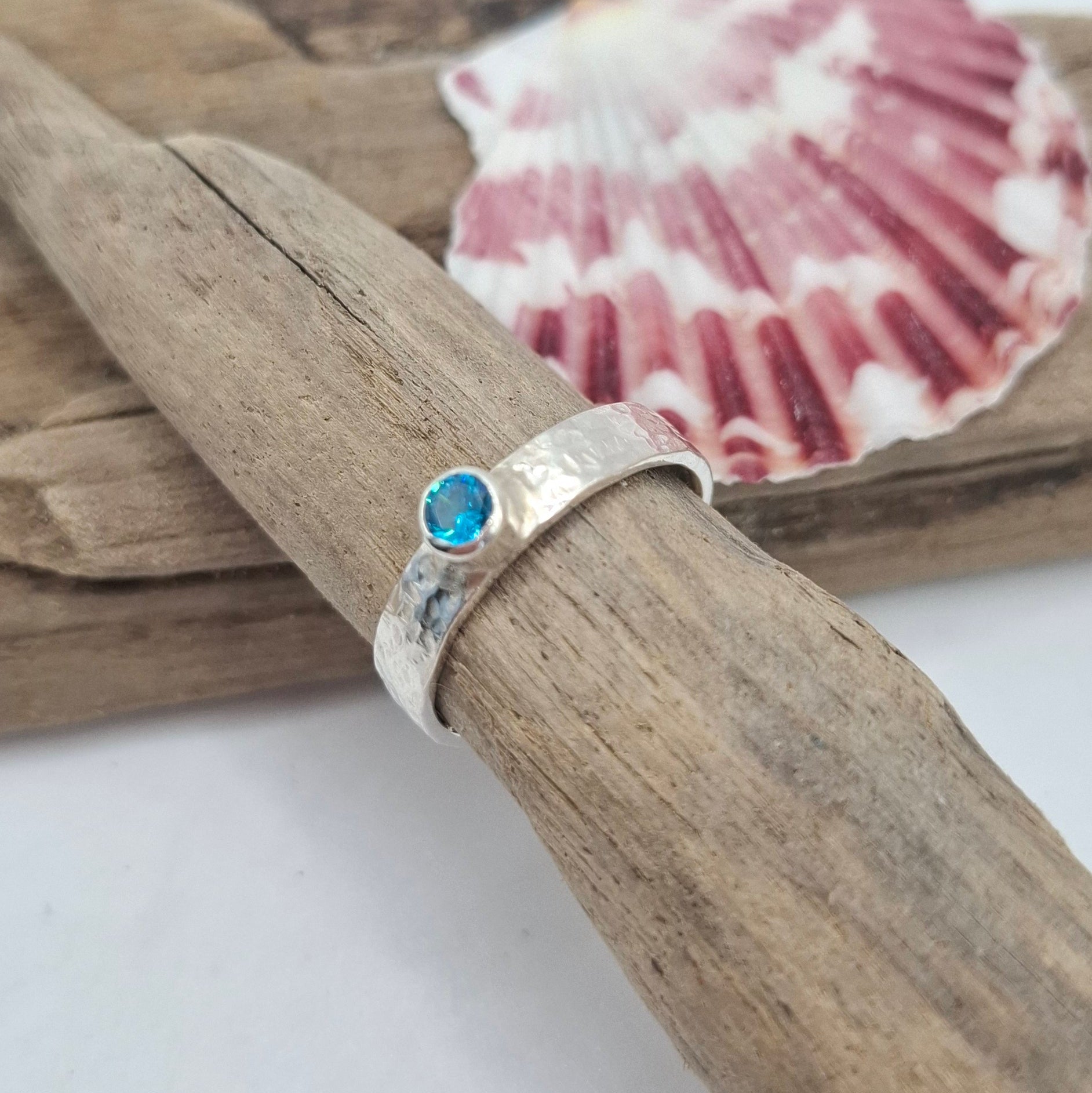 Hammered textured sterling silver ring with aqua cubic zirconia | Ocean-Inspired Handmade Jewellery (Copy)