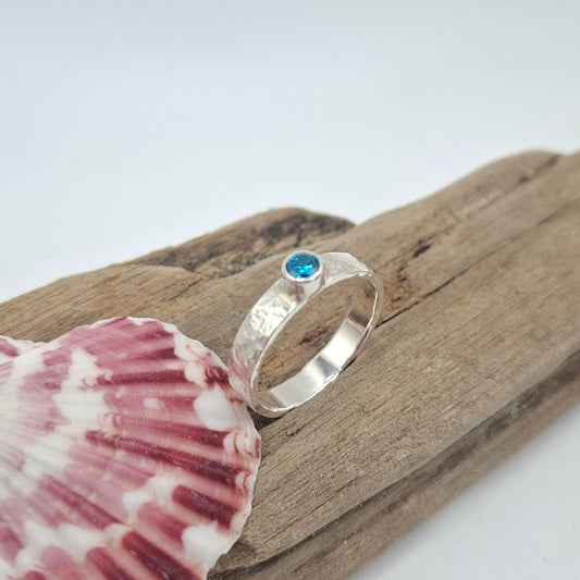 Hammered textured sterling silver ring with aqua cubic zirconia | Ocean-Inspired Handmade Jewellery (Copy)