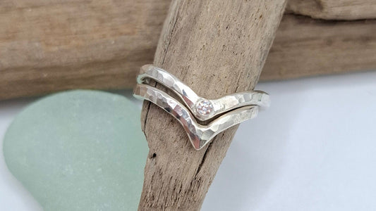 Hammered textured sterling silver wishbone ring by Shelley Ide Jewellery, showcasing detailed craftsmanship and unique design.