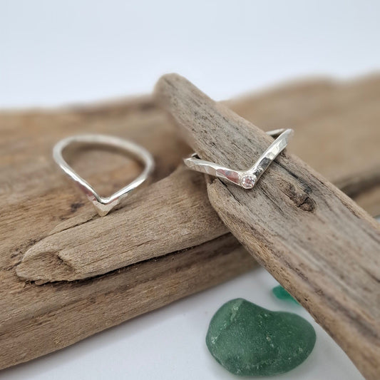 Hammered textured sterling silver wishbone ring by Shelley Ide Jewellery, showcasing detailed craftsmanship and unique design.
