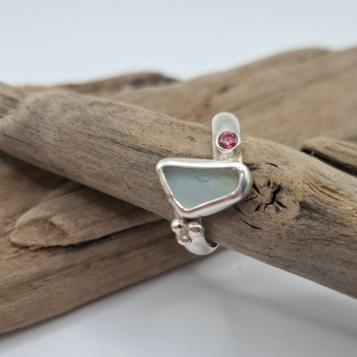 Chunky sterling silver Channel Island pale blue seaglass ring Size P1/2 | Ocean-Inspired Handmade Jewellery