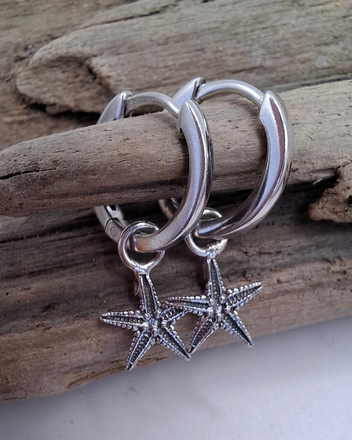 Dinky silver starfish on hoop earrings | Ocean-Inspired Handmade Jewellery
