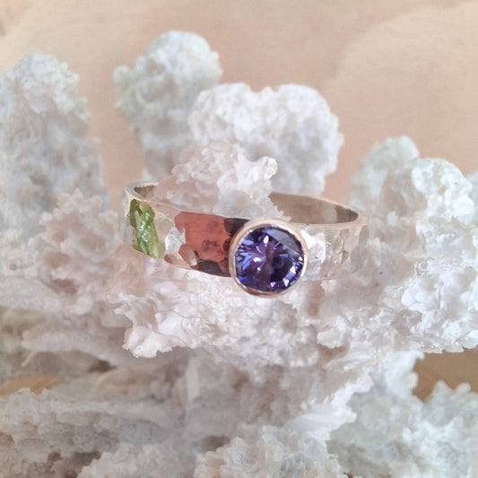 Handmade hammered silver & tanzanite cubic zirconia ring