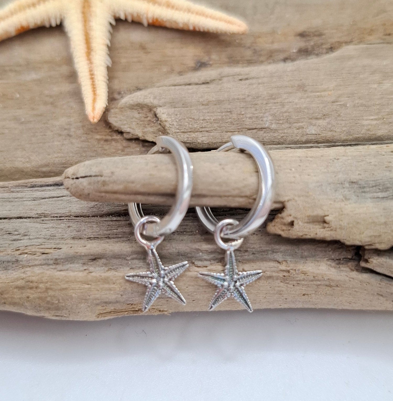 Silver starfish on hoop earrings | Ocean-Inspired Handmade Jewellery