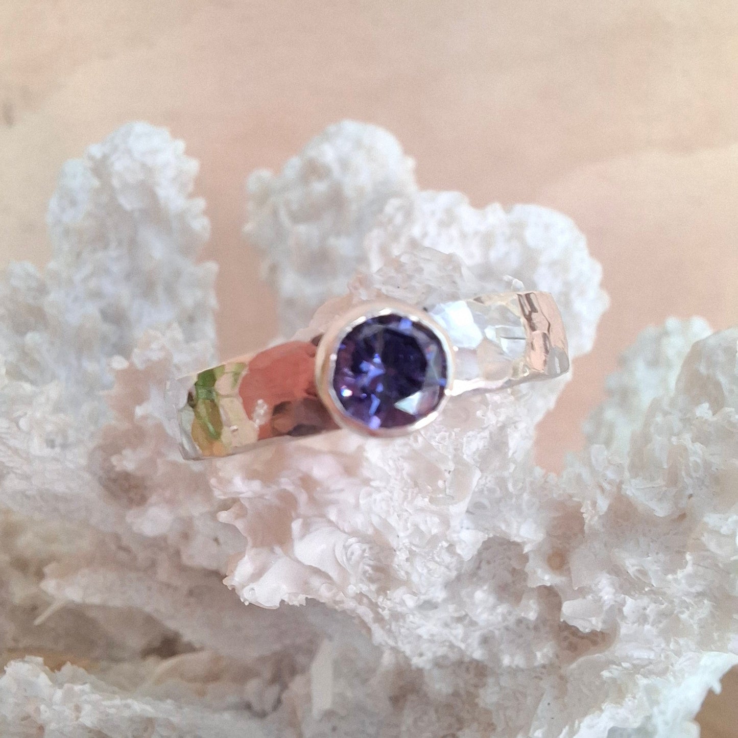 Handmade hammered silver & tanzanite cubic zirconia ring