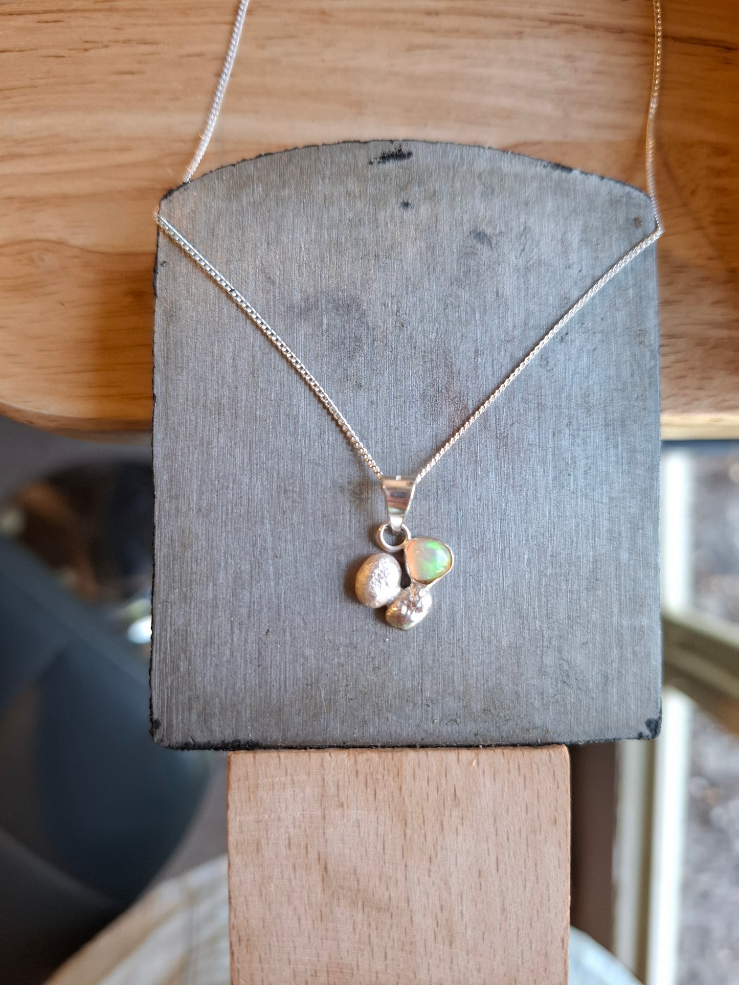 Handmade textured silver rocks and opal necklace