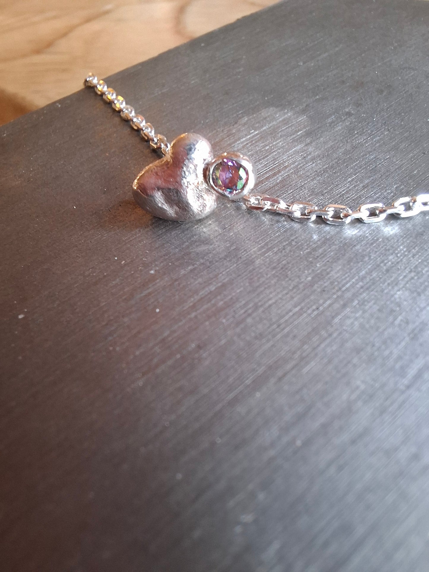 Silver heart and aurora borealis cubic zirconia pendant