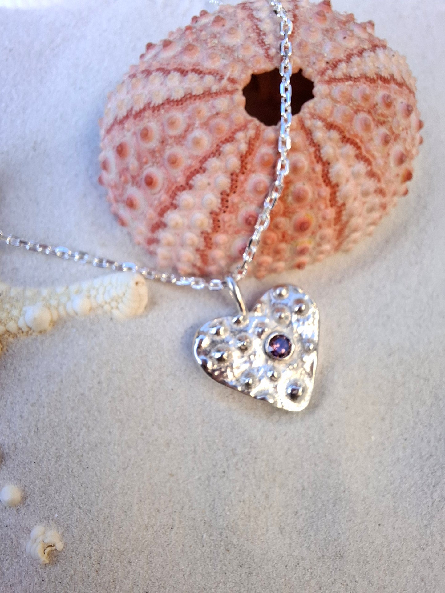 Cast Silver Sea Urchin Heart Pendant with Rose Pink Cubic Zirconia (with Necklace)