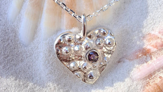 Cast Silver Sea Urchin Heart Pendant with Rose Pink Cubic Zirconia (with Necklace)