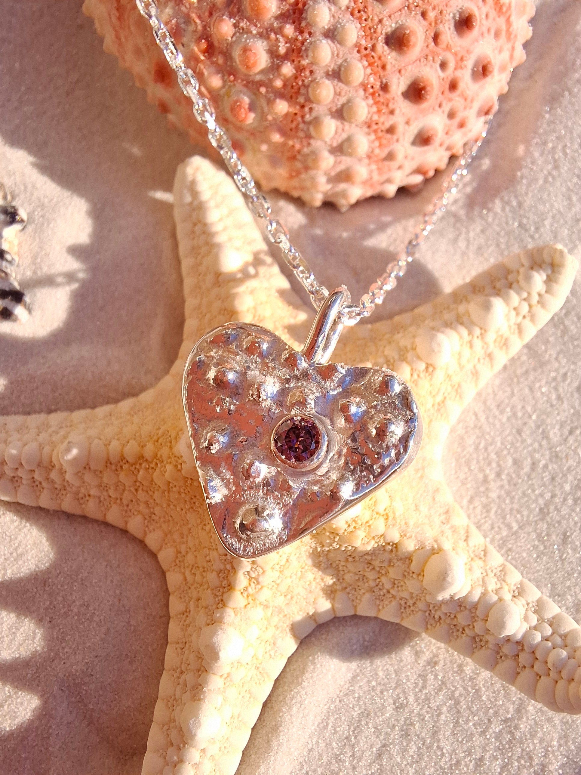 Cast Silver Sea Urchin Heart Pendant with Rose Pink Cubic Zirconia (with Necklace)