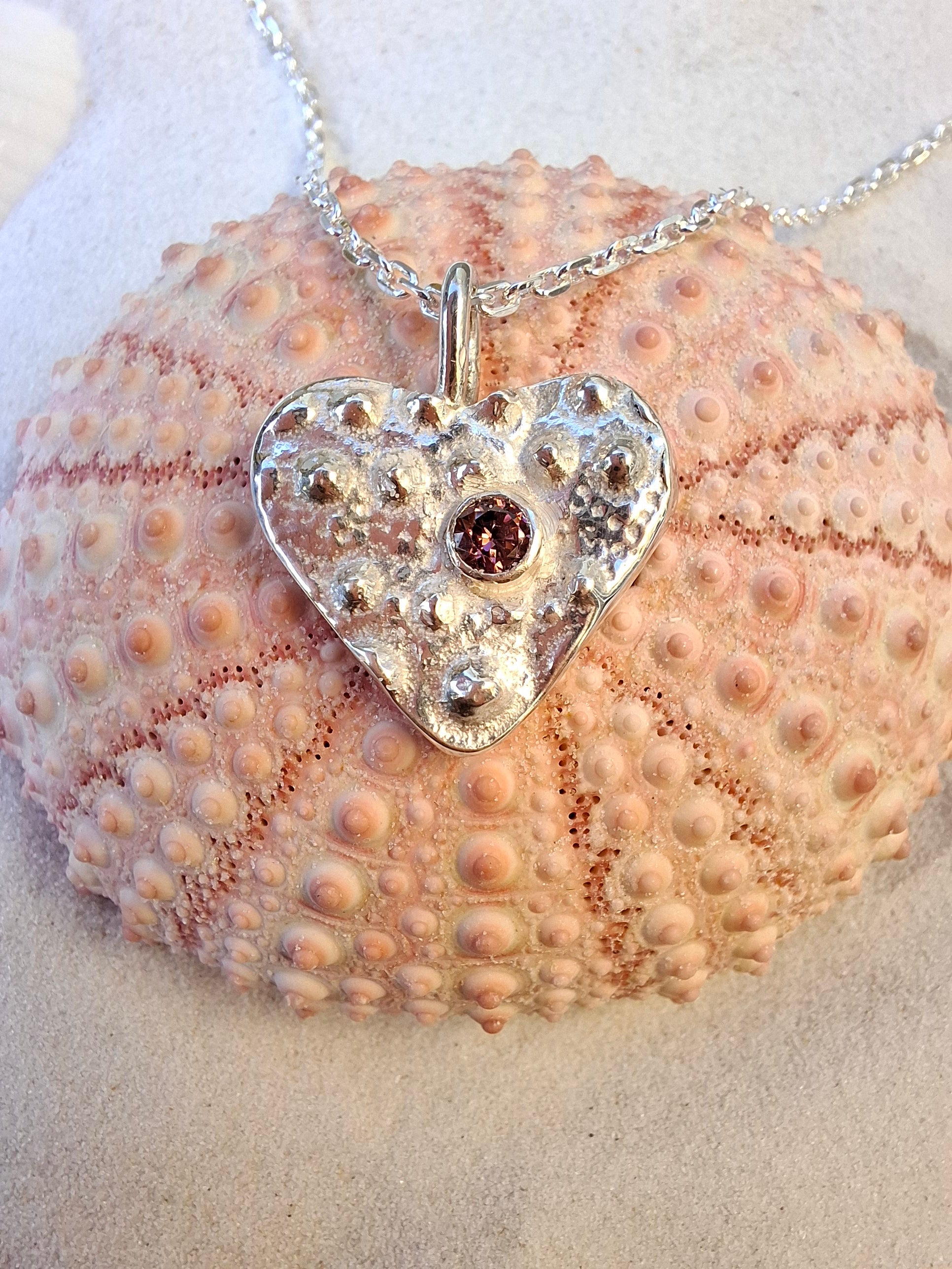 Cast Silver Sea Urchin Heart Pendant with Rose Pink Cubic Zirconia (with Necklace)