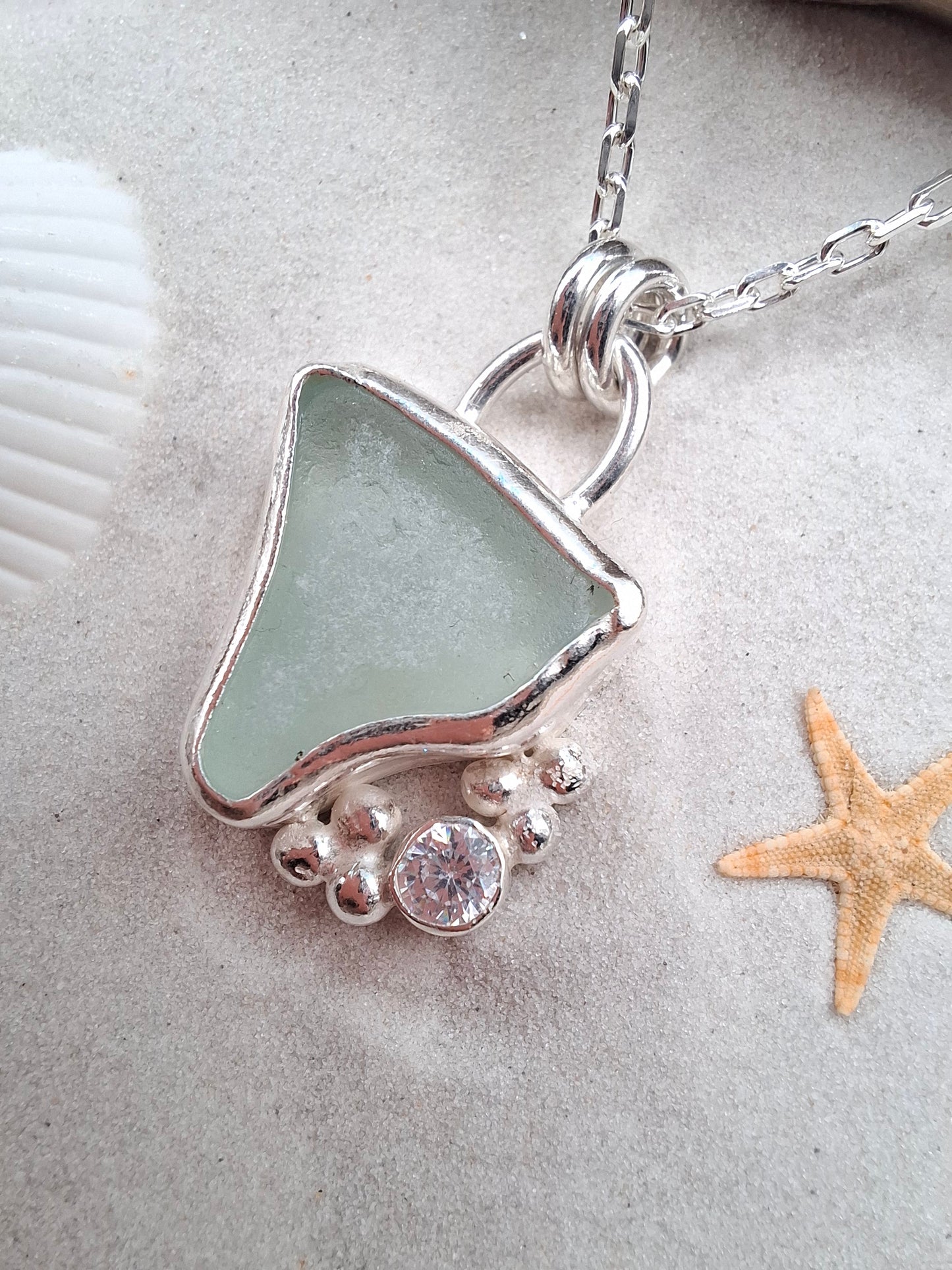 Large light blue seaglass & cubic zirconia pendant