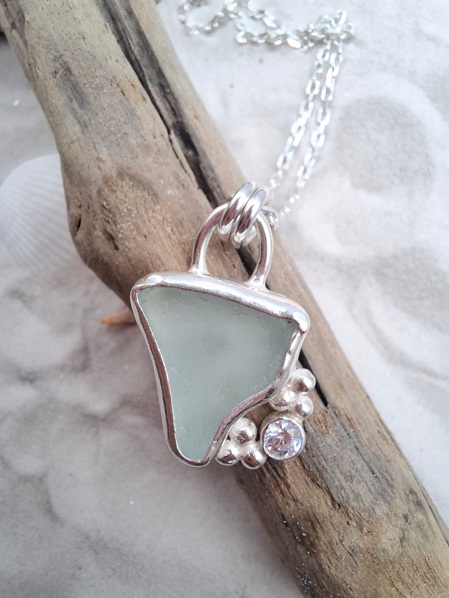 Large light blue seaglass & cubic zirconia pendant