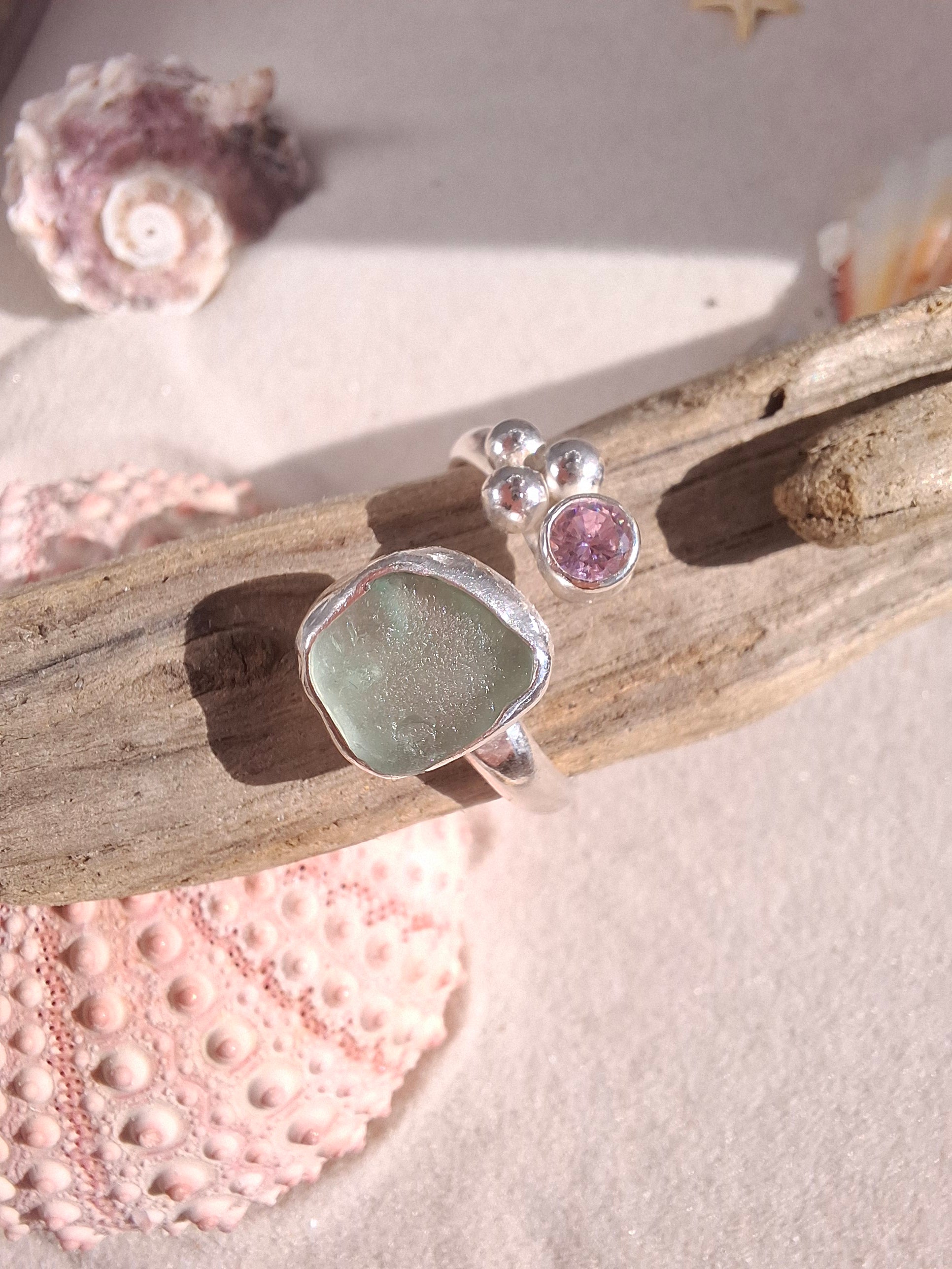 Adjustable seafoam blue seaglass and light pink cubic zirconia ring 