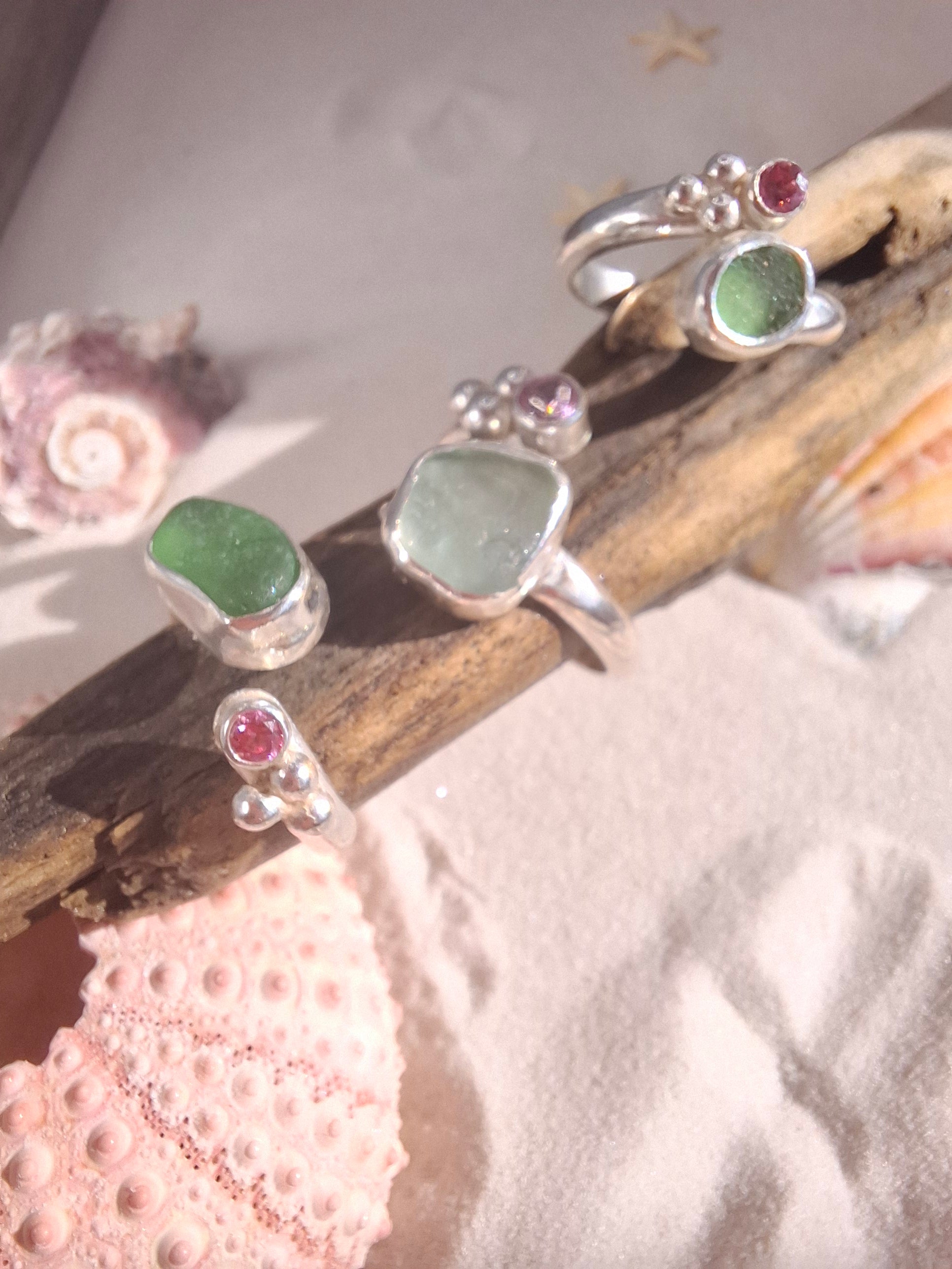 Adjustable seafoam blue seaglass and light pink cubic zirconia ring 