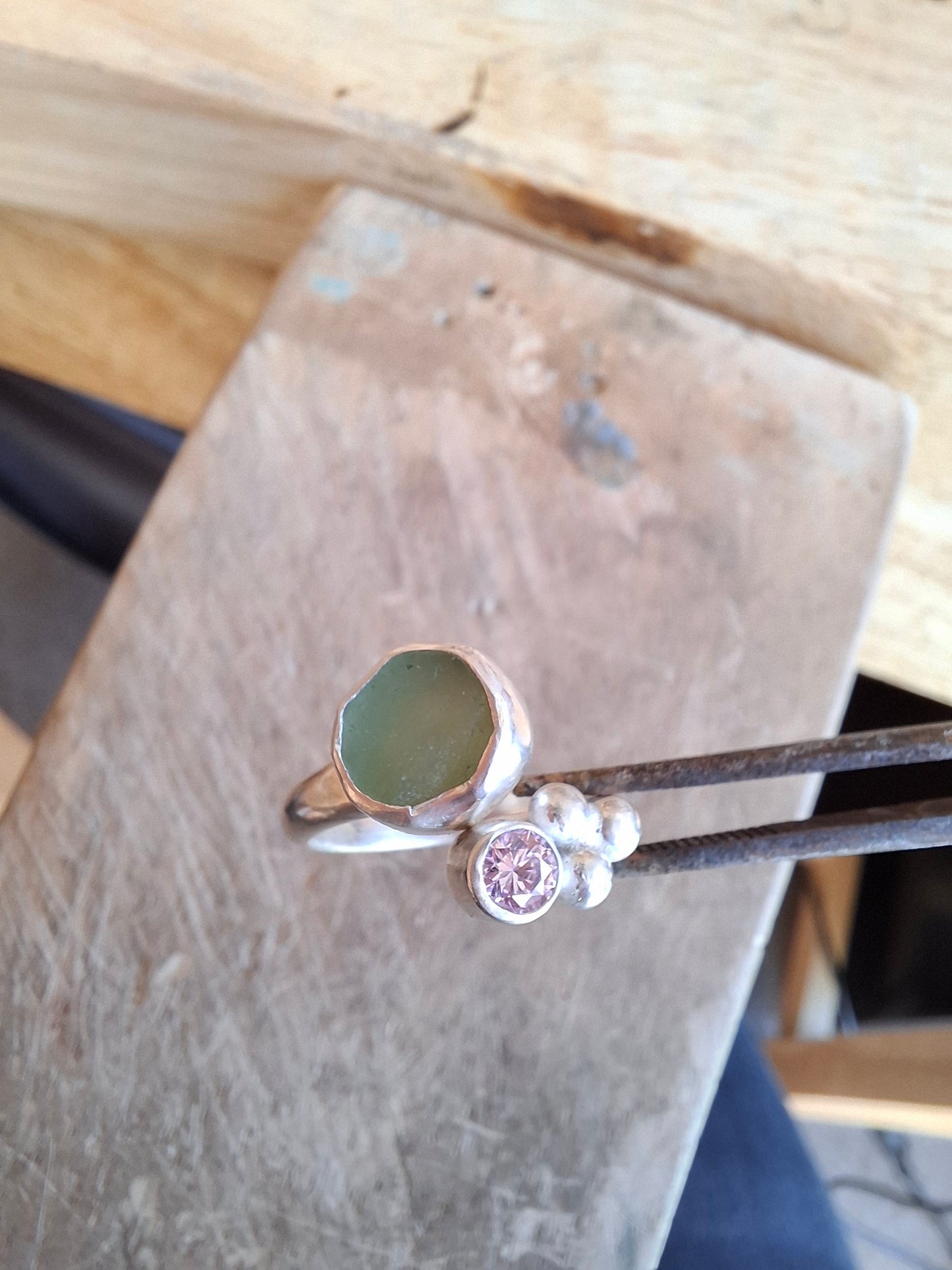 Adjustable seafoam blue seaglass and light pink cubic zirconia ring 