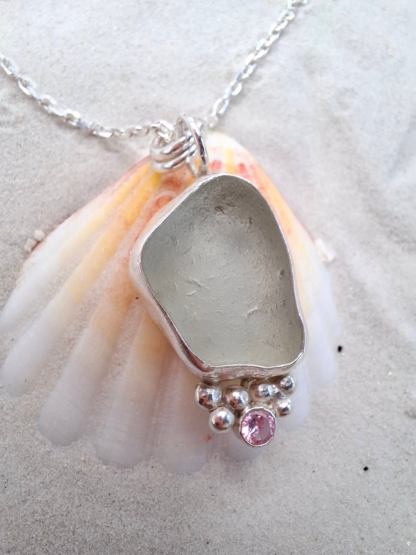 Large light blue seaglass & pink cubic zirconia pendant