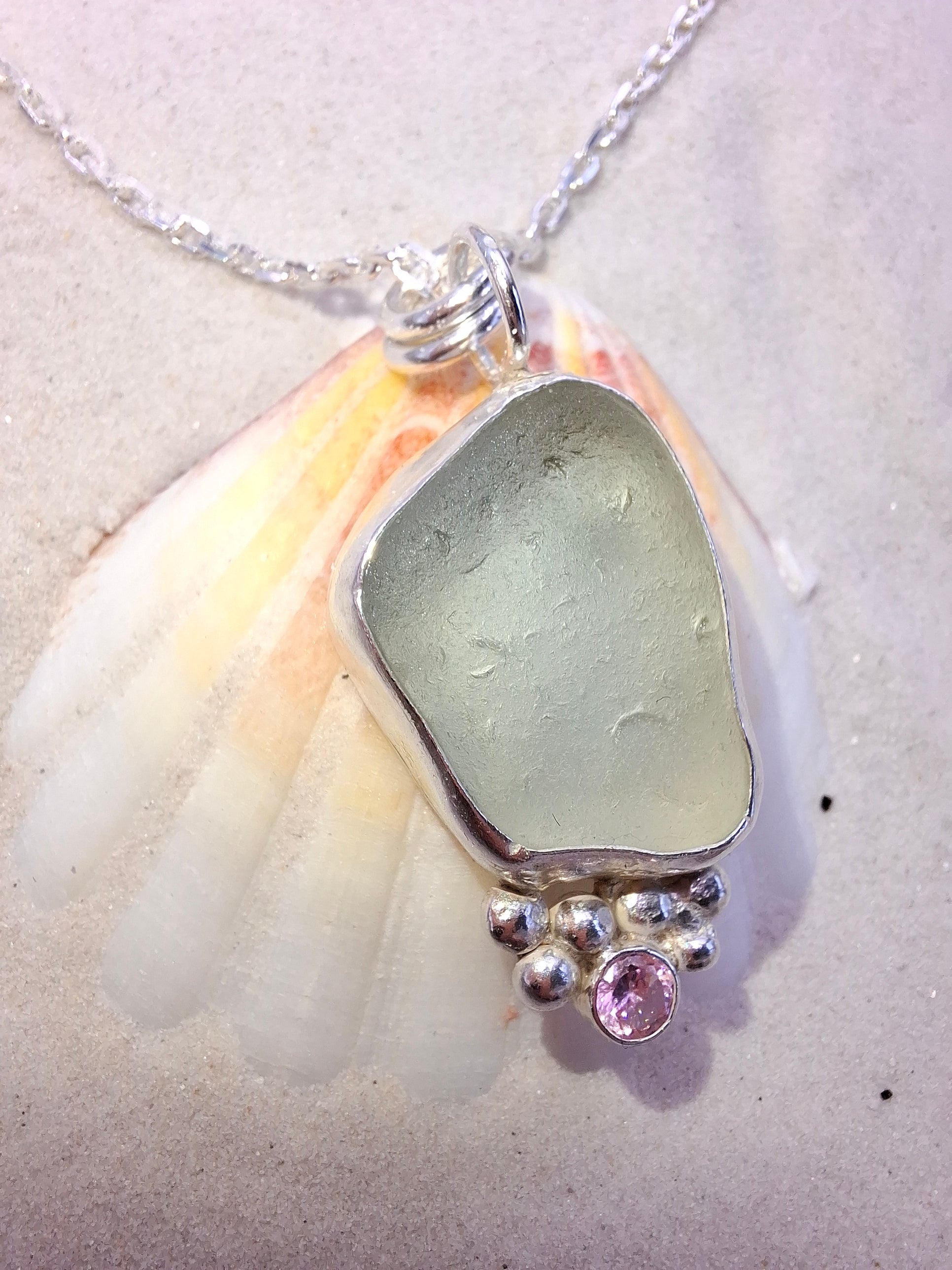 Large light blue seaglass & pink cubic zirconia pendant