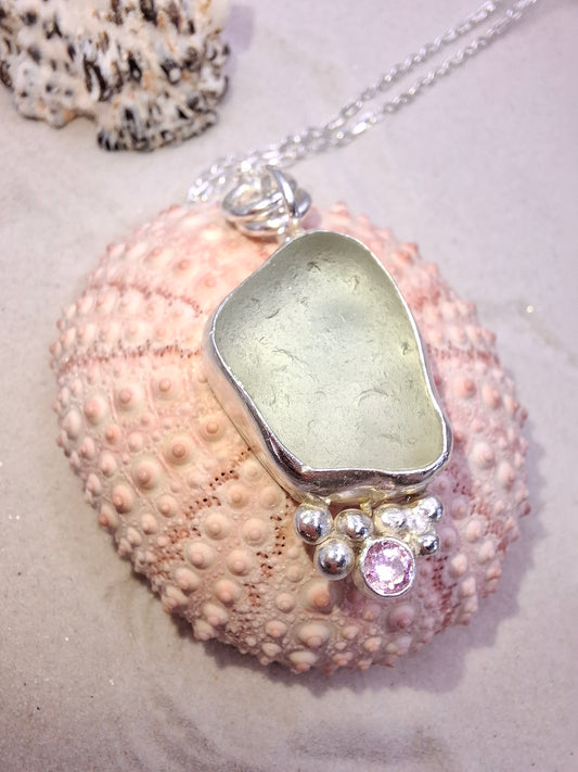 Large light blue seaglass & pink cubic zirconia pendant