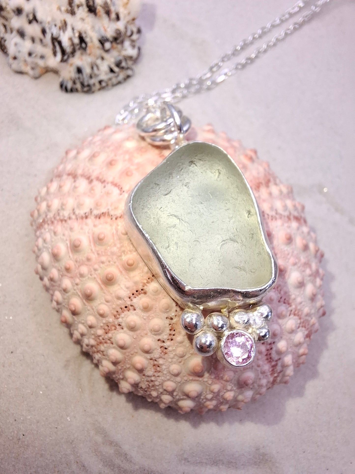 Large light blue seaglass & pink cubic zirconia pendant