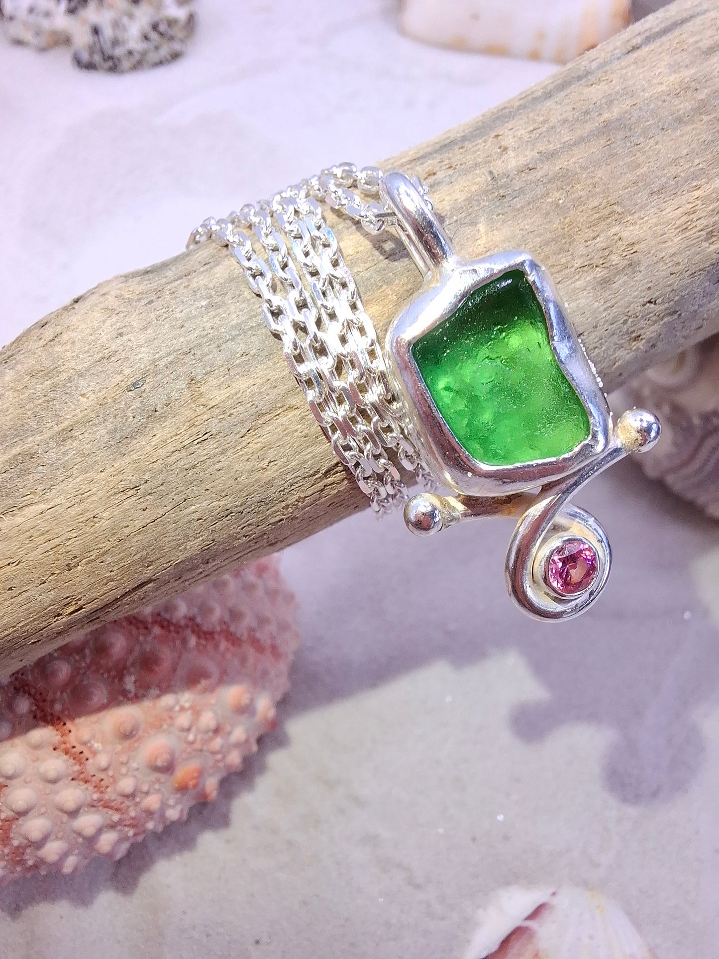 Bottle green seaglass & rose pink cubic zirconia pendant 